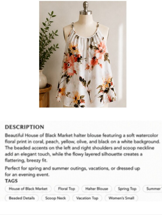 White House Black Market Tops - White House Black Market White Floral Halter Top with Coral Accents